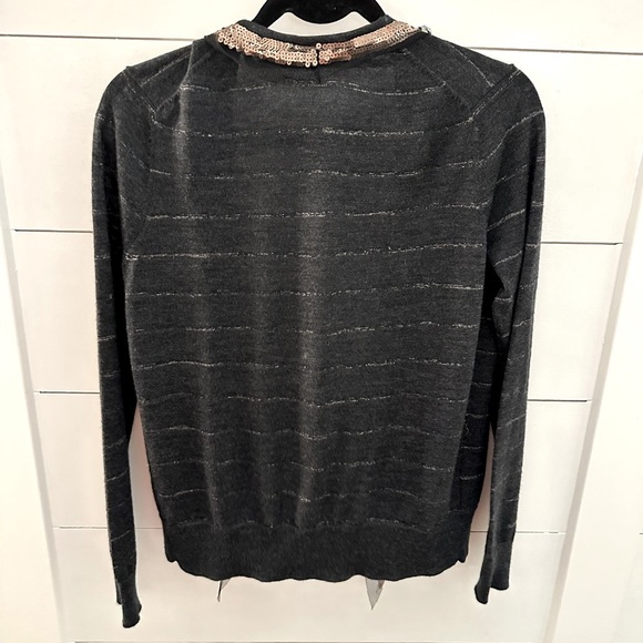 LOFT M Gold sequin grey stripe wool blend lightweight woman classic cardigan - Picture 3 of 12